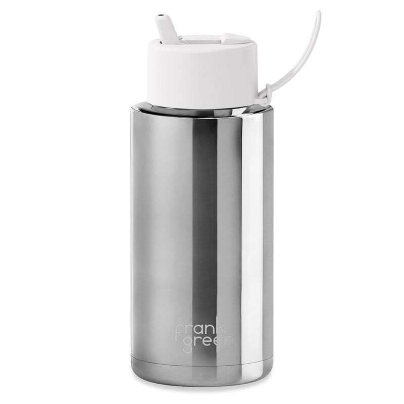 frank green 34oz Reusable Silver Chrome Bottle With Cloud Flip Straw Lid image number 0